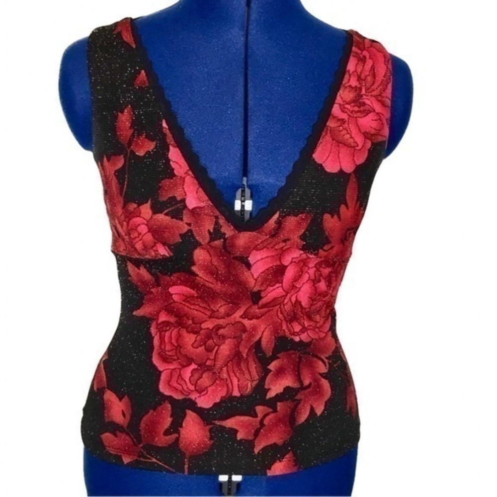 Top - Size Small - Rose print top lace trim - Holiday party / Date Night / club